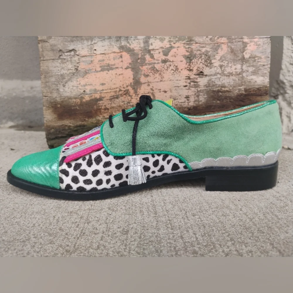 Green Multicolor Handmade Leather Suede Cow Print Oxford Fringe Shoes Size 6-8.5 - Picture 6 of 13